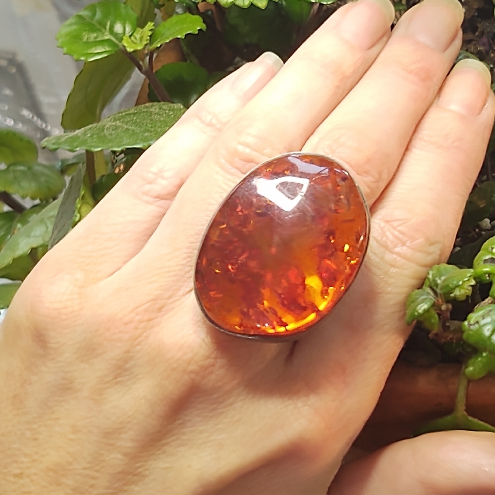 Vintage HUGE Baltic Amber Sterling Silver Ring Made in Denmark- Size 7.5